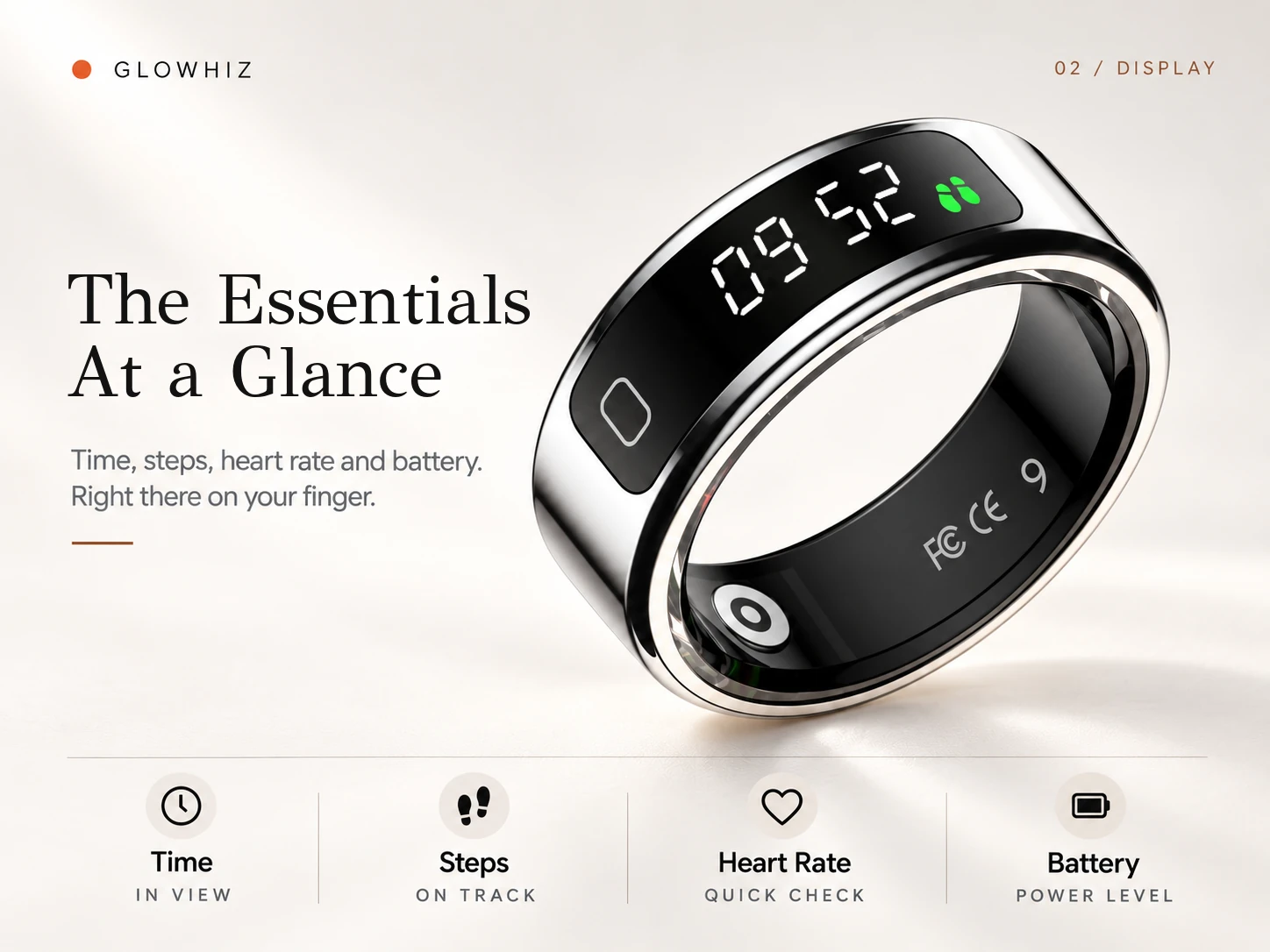 Glowhiz smart ring showing time, steps, heart rate and battery at a glance