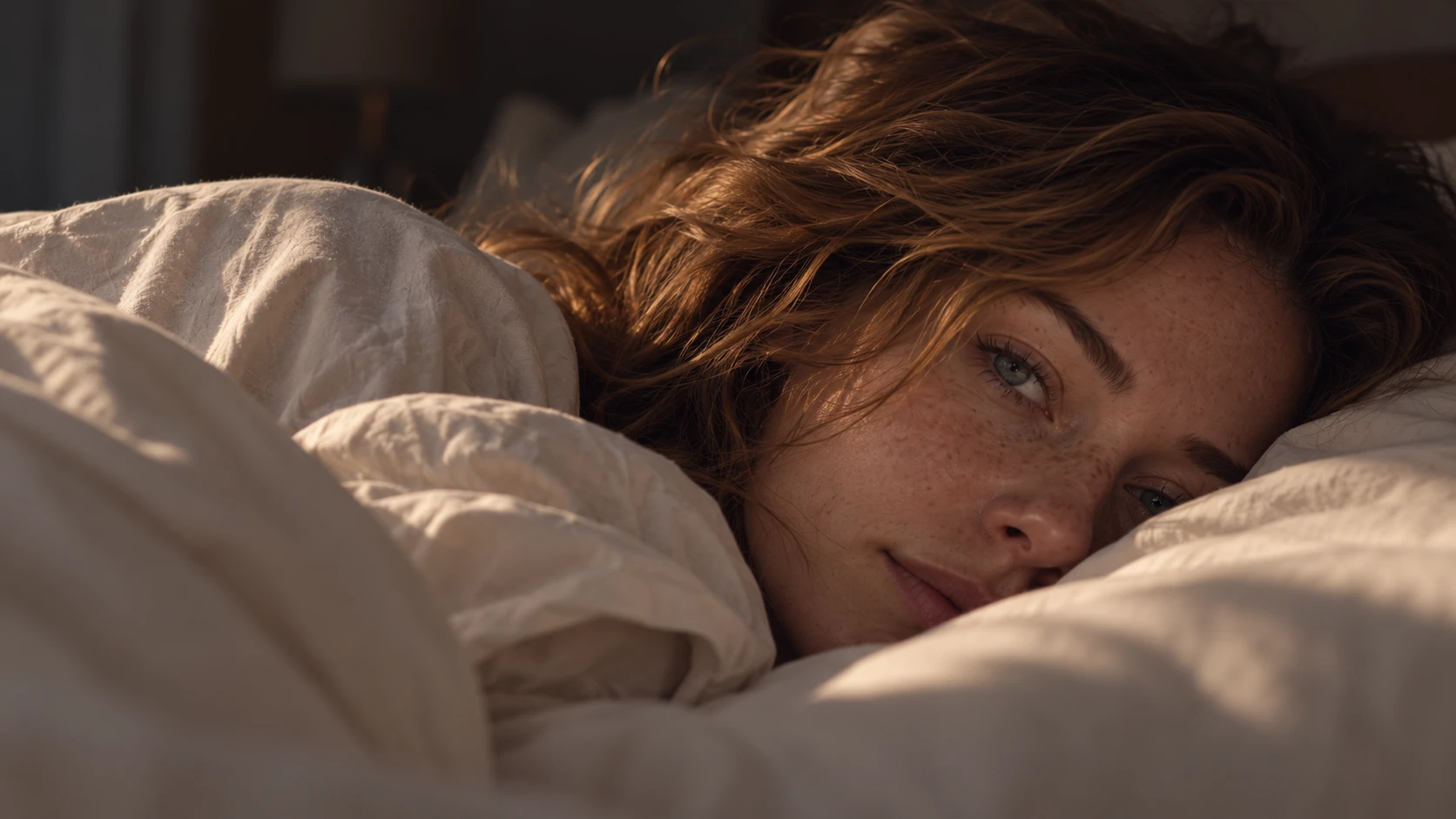 A woman awake in bed after a restless night