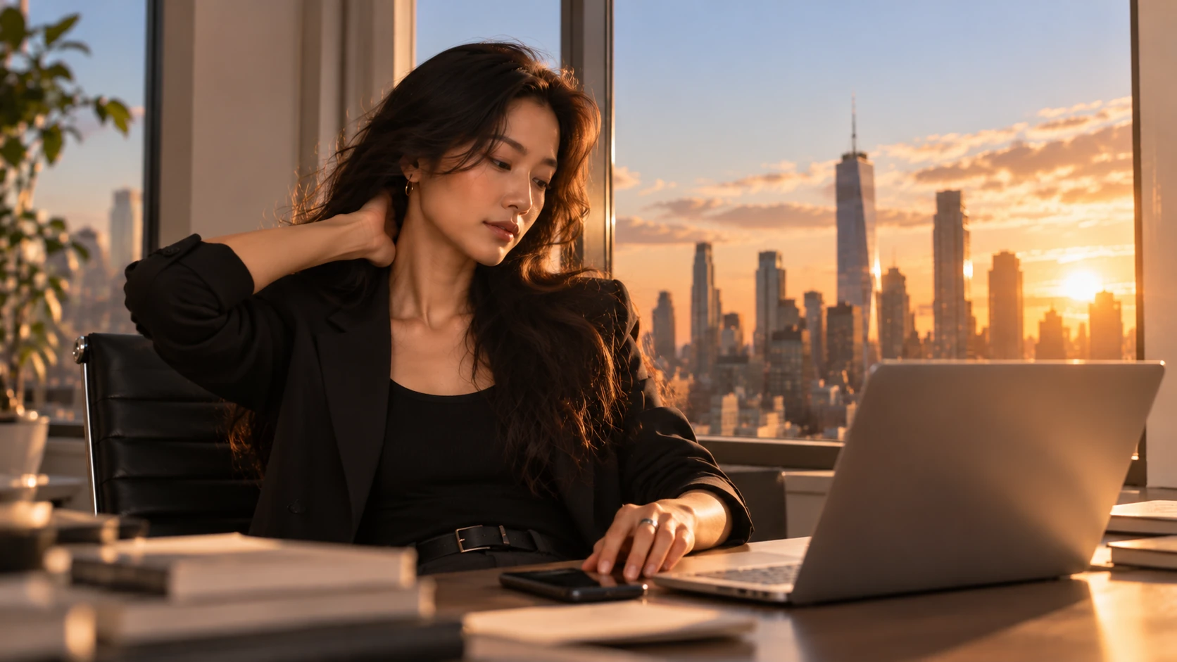 A woman working at a desk during a busy day