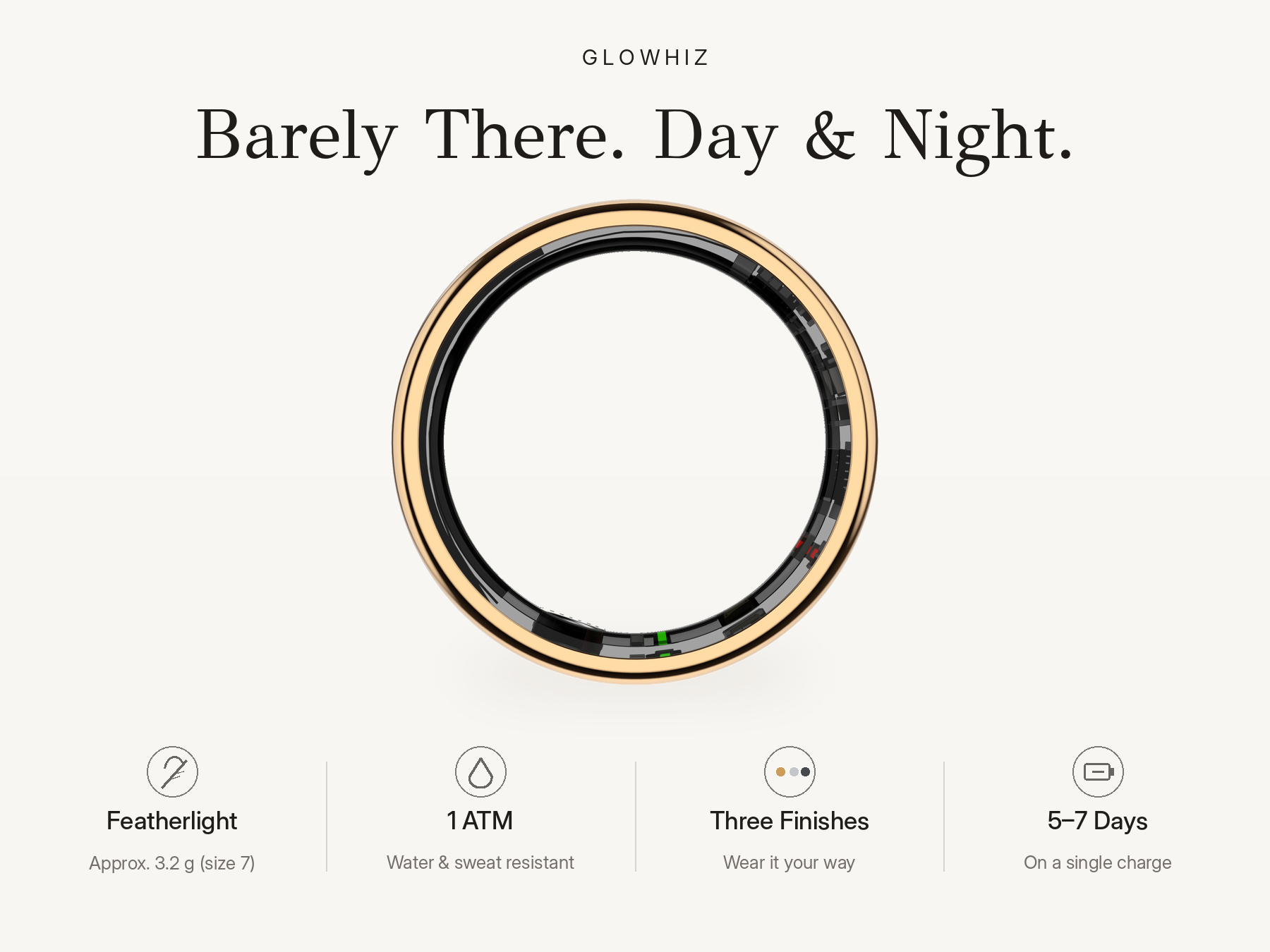 Glowhiz smart ring design and specifications, including its lightweight fit and day-and-night wear