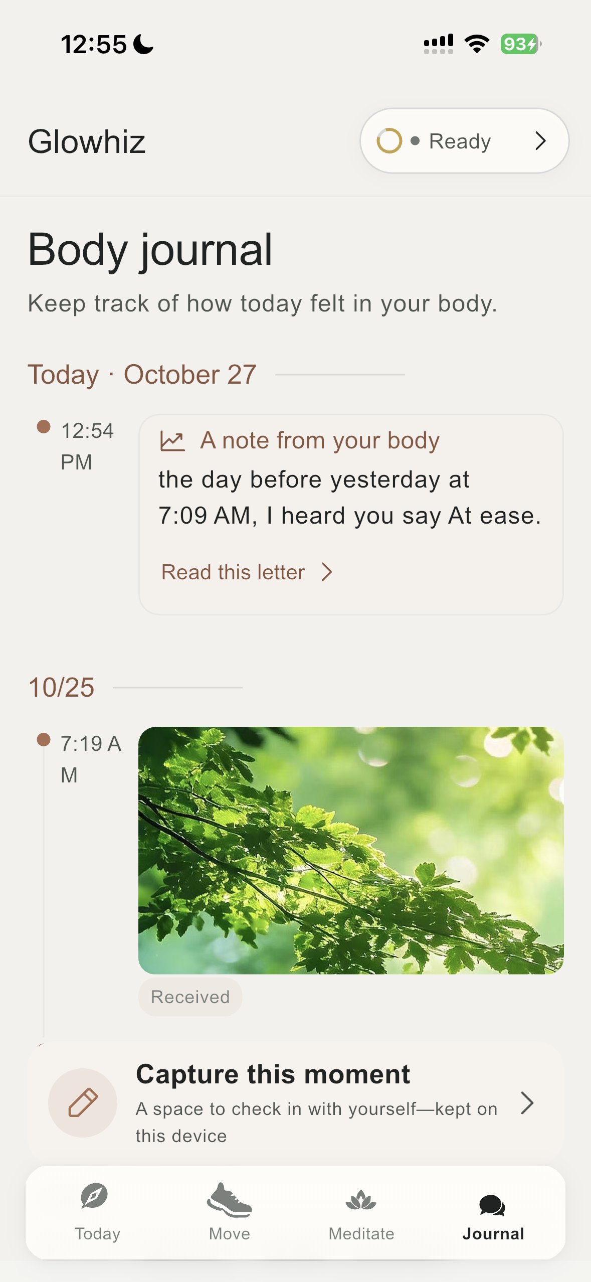 Glowhiz Body Journal screen