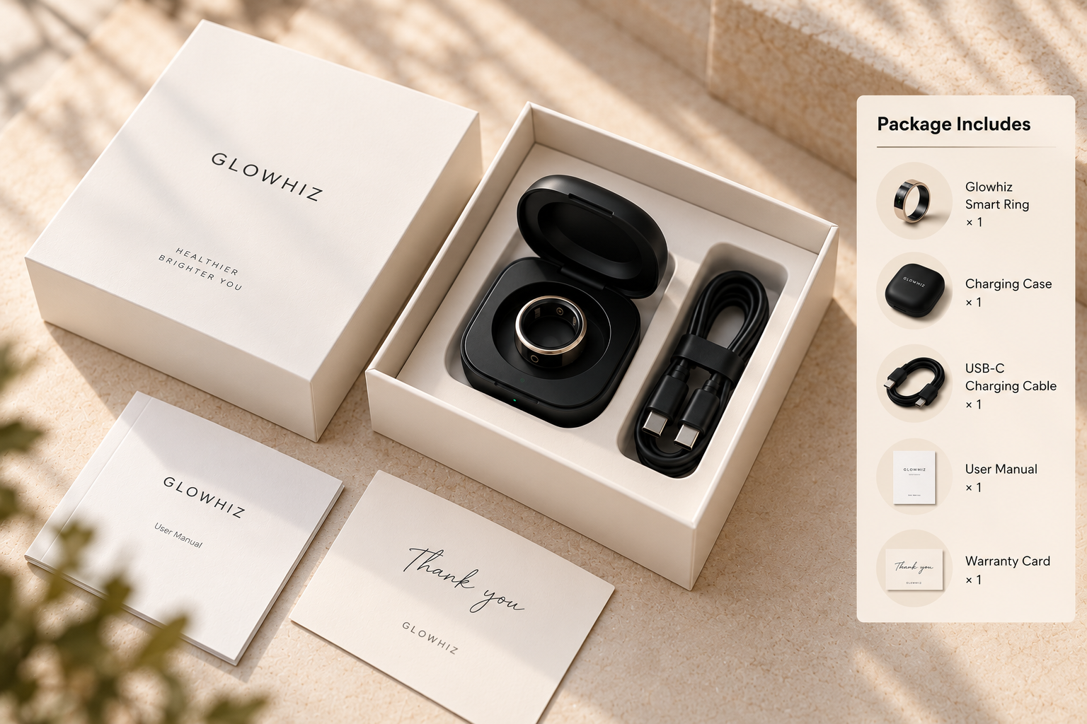 Glowhiz ring package with the ring, charging case, USB-C cable, user manual, and warranty card