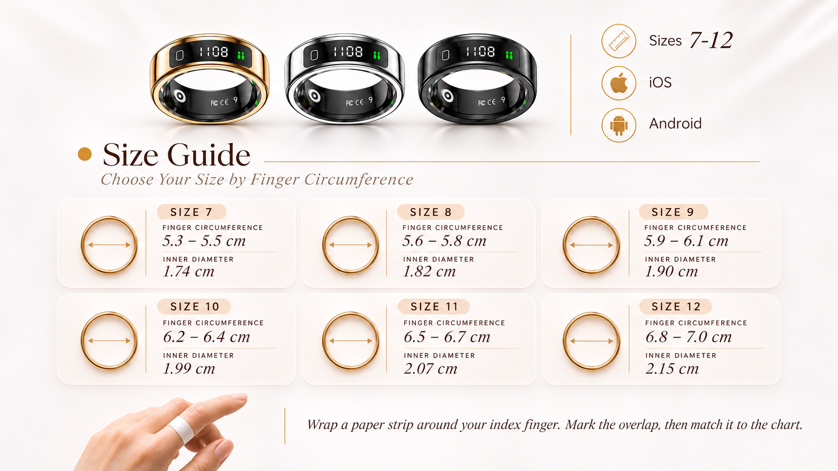 Glowhiz ring size guide showing finger circumference, inner diameter, and how to measure with a paper strip